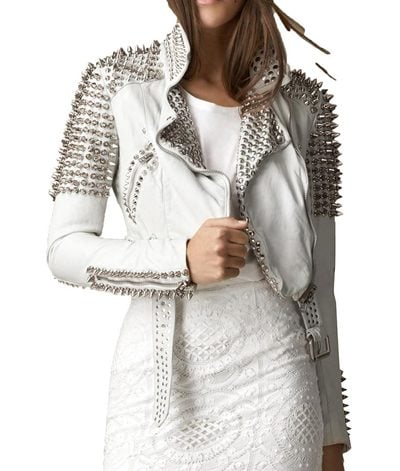 Silver Studded Cropped Leather Jacket New White Women's Genuine Leather Studded Punk Style jacket
