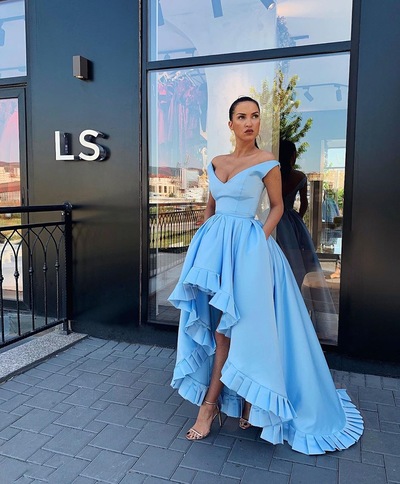 Gorgeous Ball Gown Off the Shoulder Blue High Low Prom Dresses, Fashion Evening Party Dresses
