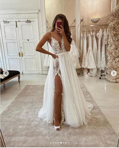 Simple A Line Tulle Wedding Dresses Spaghetti Straps Lace Side Slit Boho Wedding Dress,574
