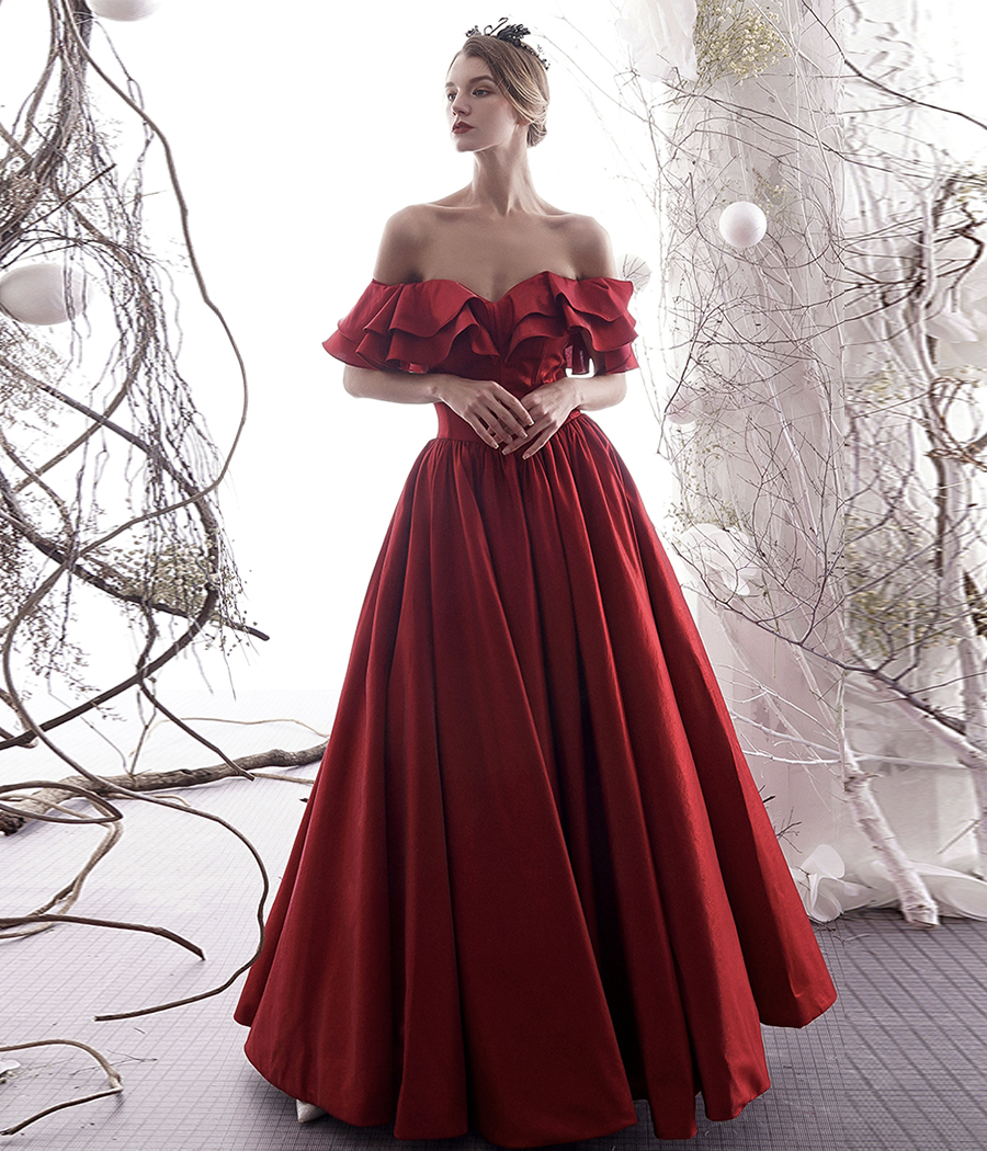 Red satin long prom dress simple evening dress