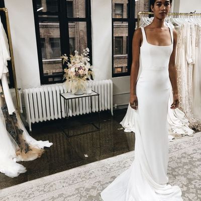 Vinatge mermaid square neck soft satin wedding dresses with train - Thumbnail 3