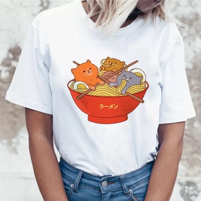 Cute Cat Kitten Ramen Noodles Food Print Short Sleeve Shirt T-shirt Tee Top Kawaii Korean Japanese Harajuku Chinese Retro Streetwear Aesthetic Fashion