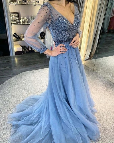 Charming A-Line V Neck Long Sleeves Blue Tulle Beaded Long Prom Evening Dresses