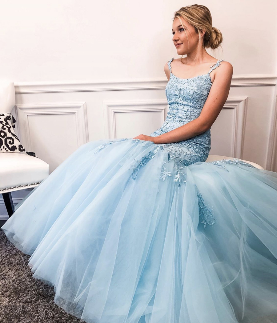 Blue tulle lace long prom dress formal dress