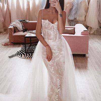 Marvelous mermaid sweetheart spaghetti straps lace wedding dresses with tulle - Thumbnail 3