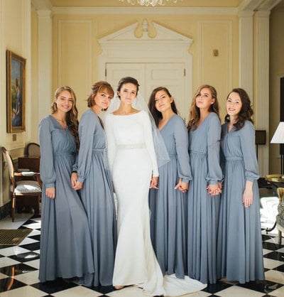 V Neck Bridesmaid Dresses with Full Sleeves