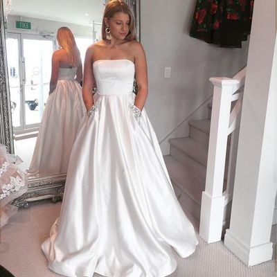 Cute Ball Gown Strapless White Satin Prom Dresses with Pockets, Beading Pockets Prom Gowns