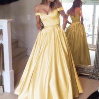 Ball Gown Dark Green / Grey / Daffodil Satin Long Prom Dresses,Off the Shoulder Prom Dresses,2019 Elegant Prom Dresses - Thumbnail 1