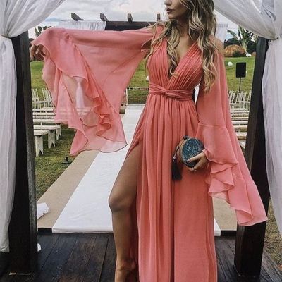 Elegant a line v neck long sleeves coral chiffon long evening party dress, beach dresses - Thumbnail 4