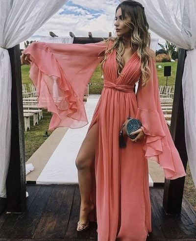 Elegant A Line V Neck Long Sleeves Coral Chiffon Long Evening Party Dress, Beach Dresses