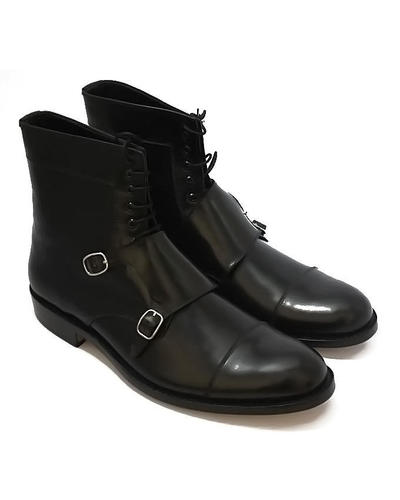 Handmade Pure Black Patent Leather Ankle High Stylish Buckle Boots for Men's