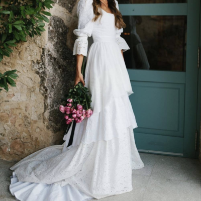 Vintage a-line square neck long sleeves floral satin wedding dresses - Thumbnail 4