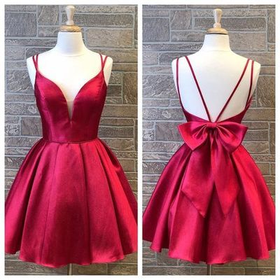 Fashion & Sweet V Neck Spaghetti Straps Satin Homecoming Dresses with Bow