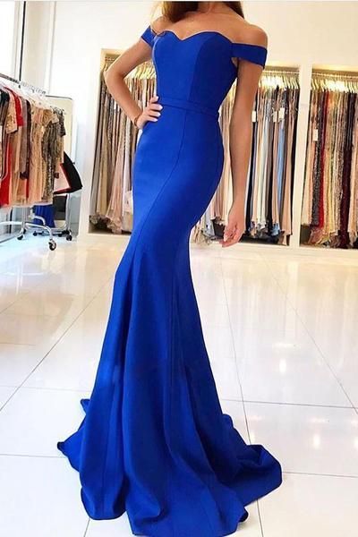 Charming Mermaid Off the Shoulder Royal Blue Satin Prom Dresses, Evening Party Dresses