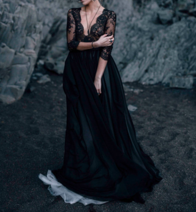 Black lace deep v-neck wedding dress with long sleeve scalloped bodice,581