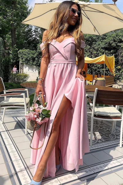 Exquisite A-Line Off the Shoulder Pink Satin Long Prom Evening Dresses with Split