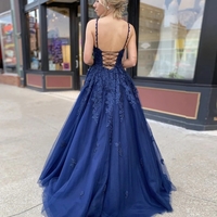Charming Ball Gown V Neck Navy Blue Lace Prom Dresses with Appliques - Thumbnail 1
