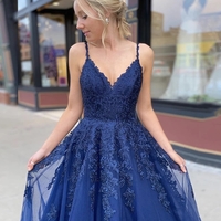 Charming Ball Gown V Neck Navy Blue Lace Prom Dresses with Appliques - Thumbnail 2