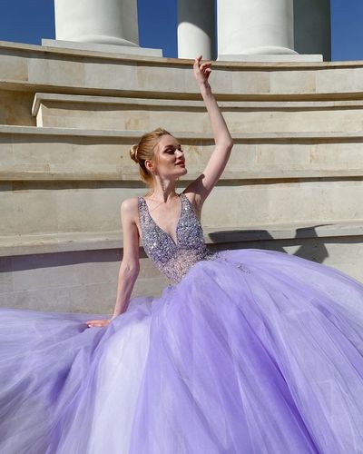 Marvelous A-Line V Neck Lilac Tulle Long Prom Evening Dresses with Beading