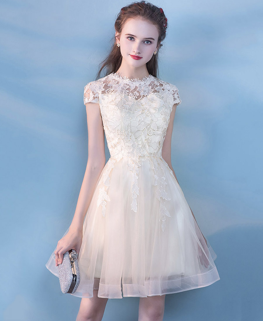 Champagne tulle lace short prom dress party dress