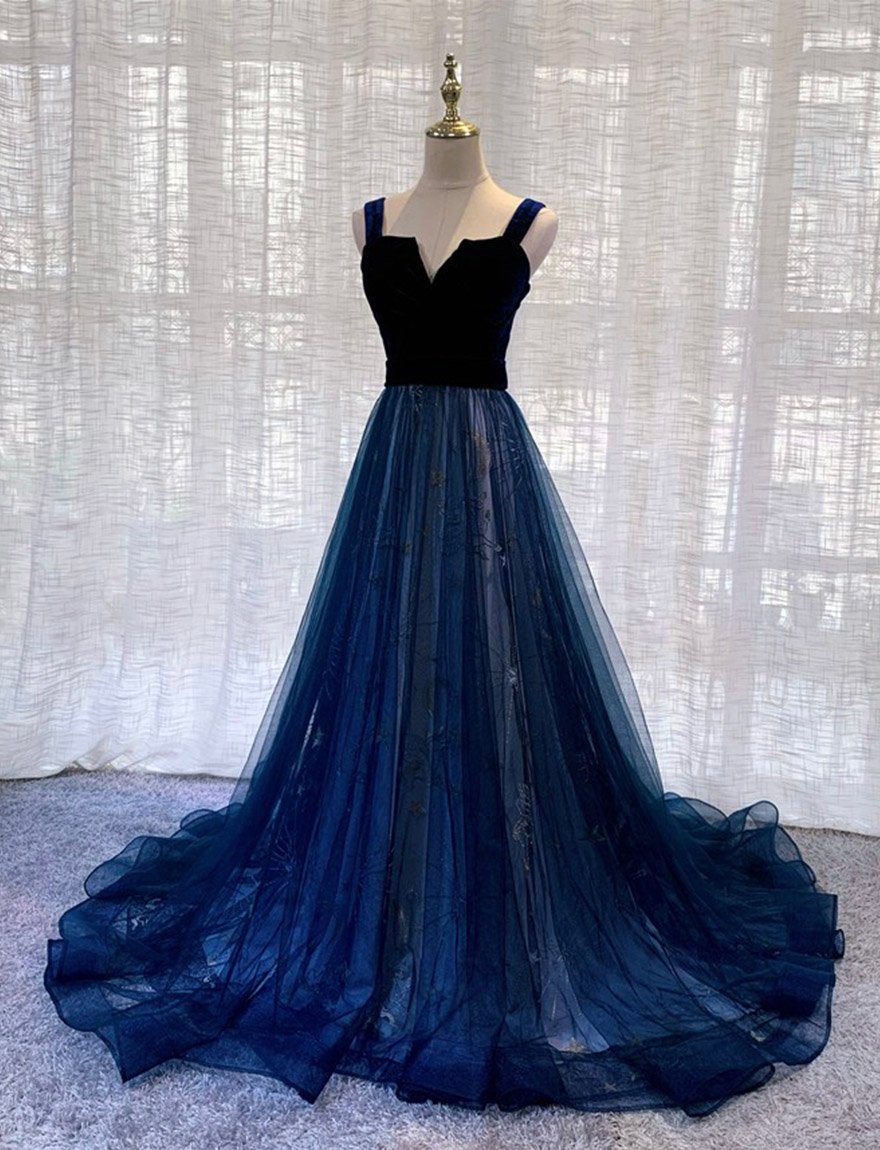 Blue velvet tulle long prom gown formal dress