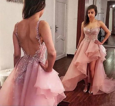 Backless Hi Low Pink Homecoming Dresses with Beaded