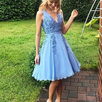 Cute A Line V Neck Blue Chiffon Short Homecoming Dress with Applique ,Fairy Knee Length Homecoming Dress - Thumbnail 1