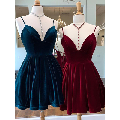 Vintage a-line v neck cross back burgundy velvet short homecoming dresses with pockets,cheap back to school dresses - Thumbnail 2