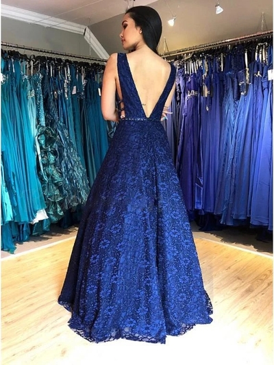 Elegant A-Line V-Neck Beading Navy Blue Floral Lace Backless Long Prom Dress,Formal Evening Party Gowns