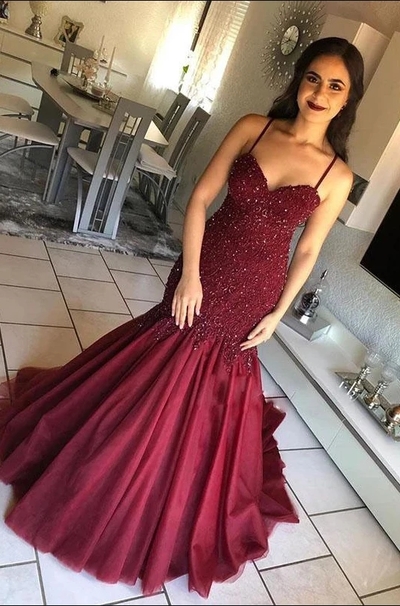 Sexy Mermaid Spaghetti Straps Beads Lace Burgundy Mermaid Prom Dress