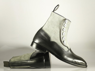 Bespoke Black & White Brogue Toe Ankle Leather Suede Button Top Lace Up Men's Boot