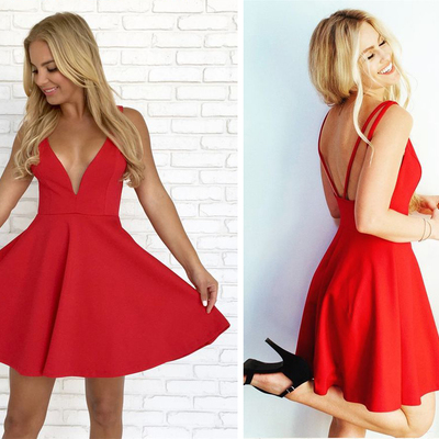 Simple a-line deep v neck backless red homecoming dress short prom dress - Thumbnail 4