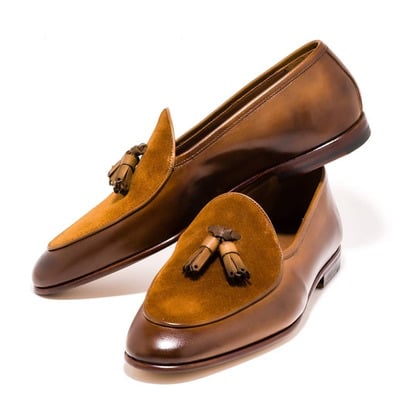 Bespoke round toe brown tussles leather suede shoes, dress shoes - Thumbnail 3