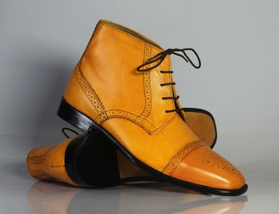 Men's Ankle High Boot, Men's Tan Leather Cap Toe Lace Up Casual Boot.