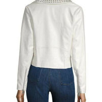 New Women Punk White Silver Studded Brando Unique Cowhide Biker Leather Jacket - Thumbnail 1