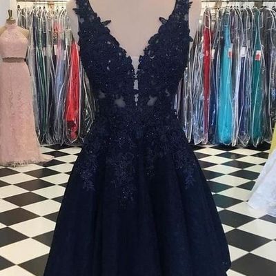 Cute black v neck lace homecoming dresses with beading, short junior prom dress - Thumbnail 3