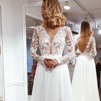 Fairy sweet v neck long sleeves white wedding dresses with appliques - Thumbnail 3