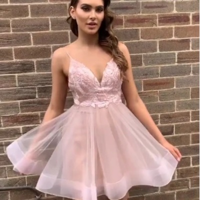 Cute v neck spaghetti straps blush pink lace hoco dress, fashion homecoming dress - Thumbnail 2