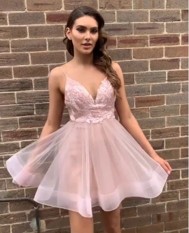 Cute V Neck Spaghetti Straps Blush Pink Lace Hoco Dress, Fashion Homecoming Dress