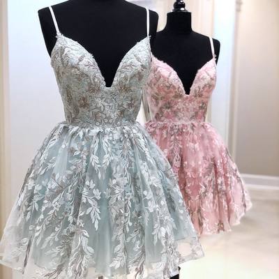 Fashion v neck lace hoco dresses, spaghetti straps short prom dress with beading - Thumbnail 3