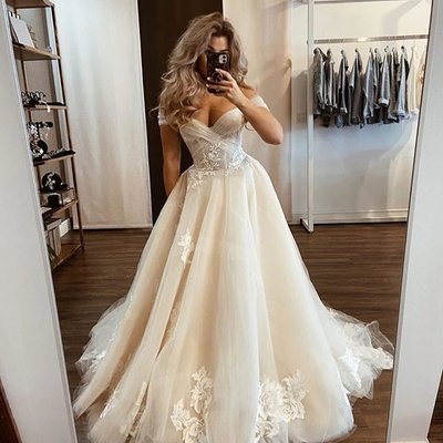 Princess a-line off the shoulder tulle wedding dresses with appliques - Thumbnail 5