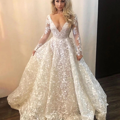 Elegant a-line v neck long sleeves lace wedding gowns bridal dresses - Thumbnail 5