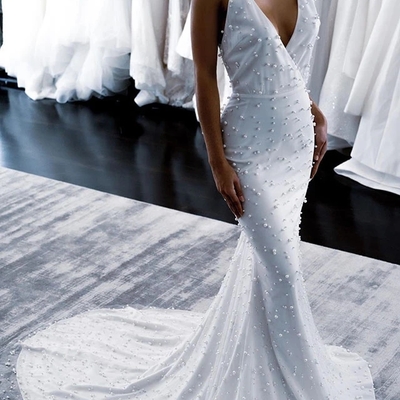 Marvelous mermaid v neck wedding dresses with pearls - Thumbnail 3