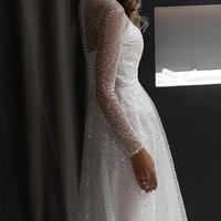 Sparkly A-Line Round Neck Long Sleeves White Sequins Wedding Dresses Bridal Gowns - Thumbnail 2