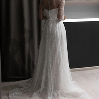 Sparkly A-Line Round Neck Long Sleeves White Sequins Wedding Dresses Bridal Gowns - Thumbnail 1