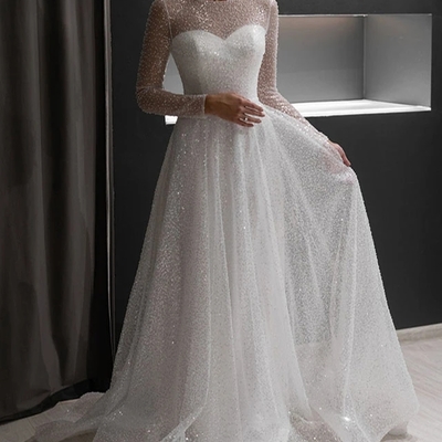 Sparkly a-line round neck long sleeves white sequins wedding dresses bridal gowns - Thumbnail 3