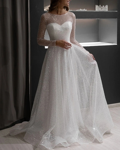Sparkly A-Line Round Neck Long Sleeves White Sequins Wedding Dresses Bridal Gowns