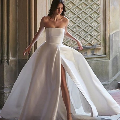 Elegant a-line strapless white satin wedding bridal gowns with split and pockets - Thumbnail 3