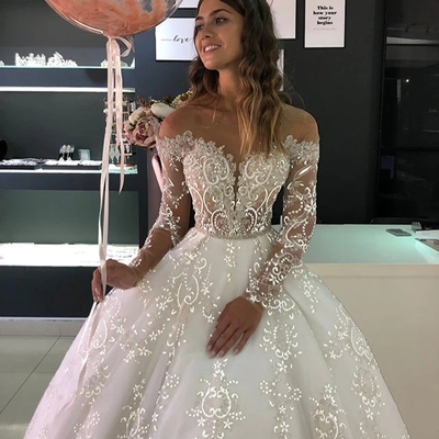 Romantic ball gown long sleeves lace wedding dresses bridal gown - Thumbnail 4