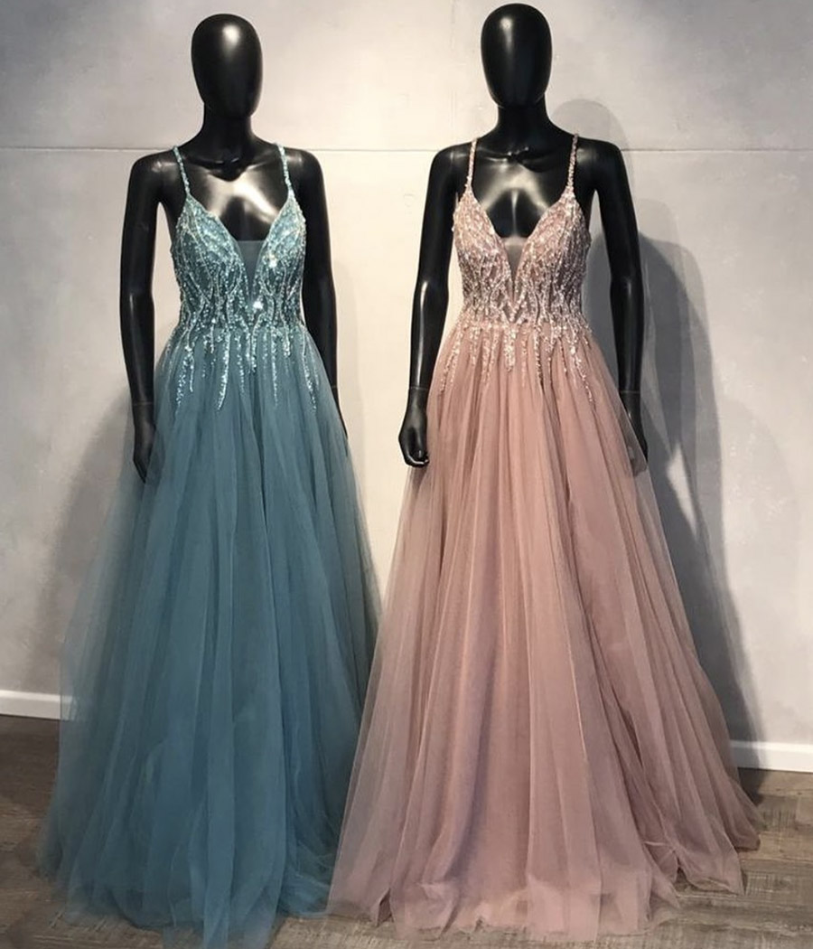 A line v neck tulle beads prom dress formal dress